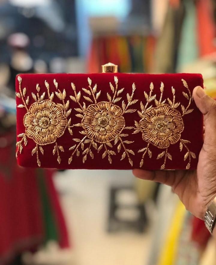 Zardozi Velvet Red Embroidered Clutch Purse, Bag With Designer